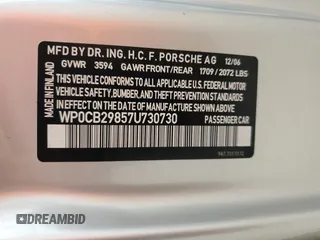 2007 Porsche Boxster S z VIN WP0CB29857U730730, wystawiony jako Copart lot #74175794 z przebiegiem Nie podano mil oraz Szkoda całkowita • Salvage title. Historia ofert i sprzedaży dostępna na DreamBid. Obrazek 12.