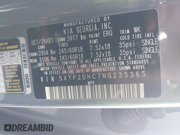 2022 Kia Telluride LX with VIN 5XYP2DHC7NG235365, listed as a IAAI auction lot 41434032 with 32,628 mi miles and . Bid and sale history available at DreamBid. Image 9.