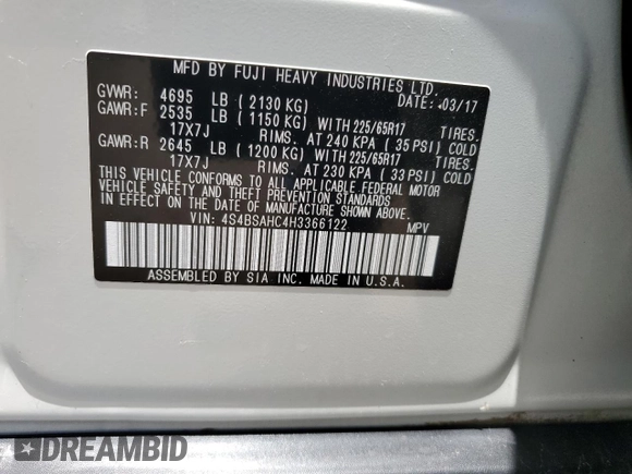 2017 Subaru Outback Premium with VIN 4S4BSAHC4H3366122, listed as a Copart auction lot 63177495 with 99,892 mi miles and Salvage title. Bid and sale history available at DreamBid. Image 12.