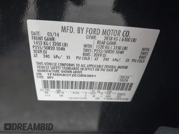 2014 Ford Explorer Sport with VIN 1FM5K8GT2EGB93891, listed as a IAAI auction lot 42636254 with 152,106 mi miles and . Bid and sale history available at DreamBid. Image 9.