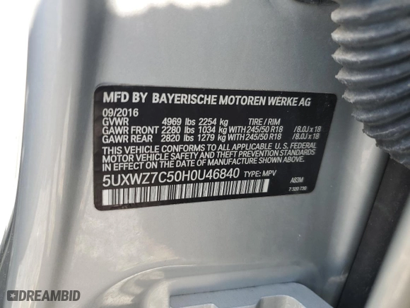 2017 BMW X3 sDrive28i with VIN 5UXWZ7C50H0U46840, listed as a Copart auction lot 52773005 with 268,839 mi miles and Clean Title. Bid and sale history available at carsss.com. Image 13.