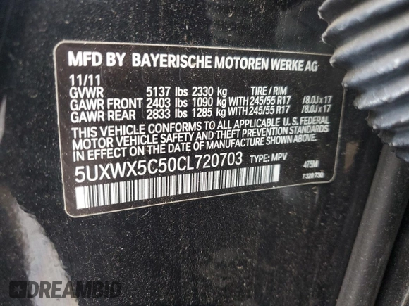 2012 BMW X3 28i with VIN 5UXWX5C50CL720703, listed as a Copart auction lot 46665185 with 143,541 mi miles and Salvage Title. Bid and sale history available at DreamBid. Image 13.
