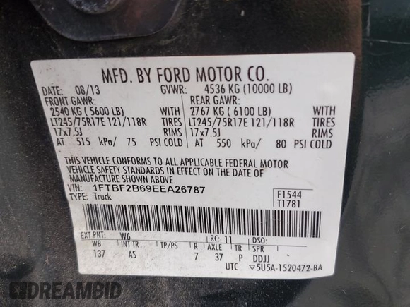 2014 Ford F-250 XL with VIN 1FTBF2B69EEA26787, listed as a Copart auction lot 49214335 with 62,142 mi miles and Salvage title. Bid and sale history available at DreamBid. Image 12.