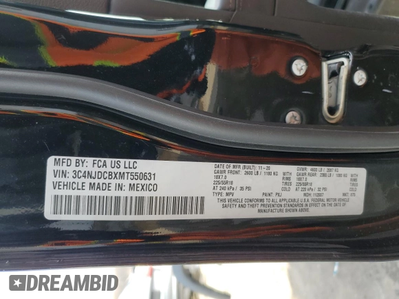 2021 Jeep Compass Limited with VIN 3C4NJDCBXMT550631, listed as a Copart auction lot 45648605 with 55,092 mi miles and Salvage Title. Bid and sale history available at DreamBid. Image 15.