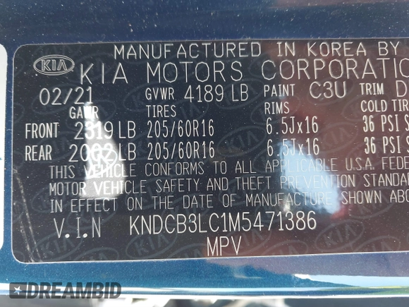 2021 Kia Niro LX with VIN KNDCB3LC1M5471386, listed as a IAAI auction lot 41752763 with 34,609 mi miles. Bid and sale history available at carsss.com. Image 9.