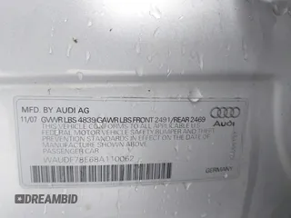 2008 Audi A4 2.0T with VIN WAUDF78E68A110062, listed as a IAAI auction lot 41727732 with 122,633 mi miles and . Bid and sale history available at DreamBid. Image 9.