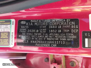2016 Kia Rio EX with VIN KNADN4A31G6633713, listed as a IAAI auction lot 41822198 with 57,970 mi miles. Bid and sale history available at carsss.com. Image 9.