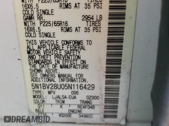 2005 Nissan Quest SE with VIN 5N1BV28U05N116429, listed as a Copart auction lot 88775255 with 166,092 mi miles and Salvage Title. Bid and sale history available at carsss.com. Image 13.