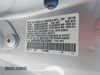 2006 Honda Element EX-P with VIN 5J6YH28726L022561, listed as a IAAI auction lot 41671117 with Not Provided miles and . Bid and sale history available at DreamBid. Image 9.