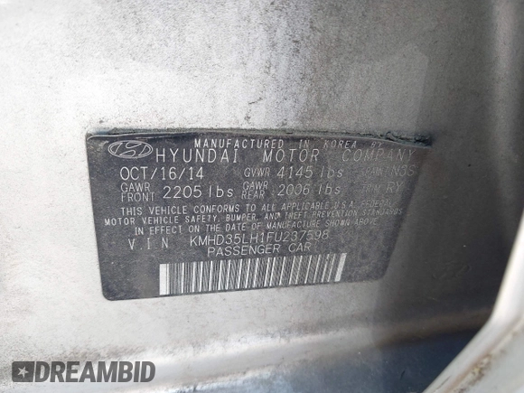 2015 Hyundai Elantra with VIN KMHD35LH1FU237598, listed as a IAAI auction lot 42157146 with 117,765 mi miles and . Bid and sale history available at DreamBid. Image 9.