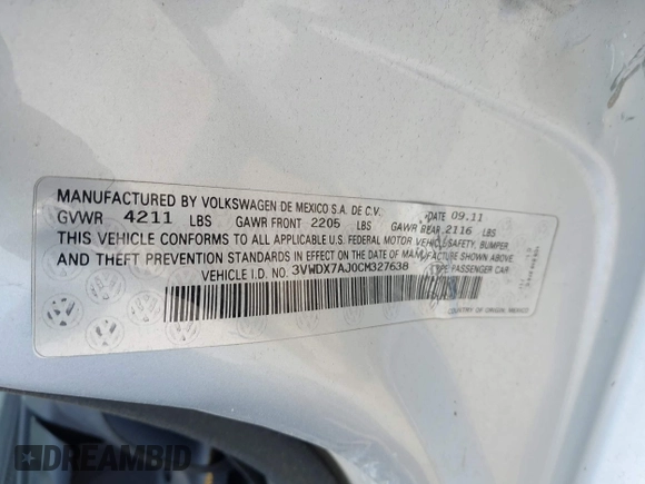 2012 Volkswagen Jetta SE с VIN 3VWDX7AJ0CM327638, выставлен на аукционе IAAI как лот 42270428 с пробегом 140 471 миль миль и . История ставок и продаж доступна на DreamBid. Изображение 9.