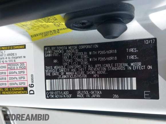 2018 Lexus GX 460 z VIN JTJBM7FX2J5195708, wystawiony jako IAAI lot #42168581 z przebiegiem 121 857 mil mil oraz . Historia ofert i sprzedaży dostępna na DreamBid. Obrazek 9.