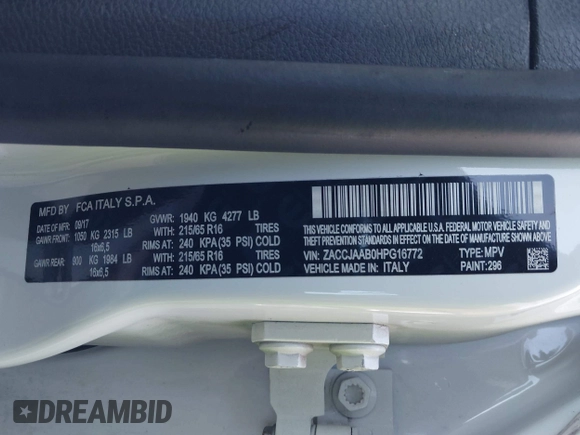 2017 Jeep Renegade Sport with VIN ZACCJAAB0HPG16772, listed as a IAAI auction lot 41468334 with 125,192 mi miles and . Bid and sale history available at DreamBid. Image 9.