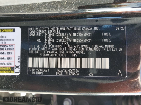 2023 Lexus RX with VIN 2T2BAMCA0PC019032, listed as a Copart auction lot 60090154 with 20,225 mi miles and Salvage Title. Bid and sale history available at carsss.com. Image 13.