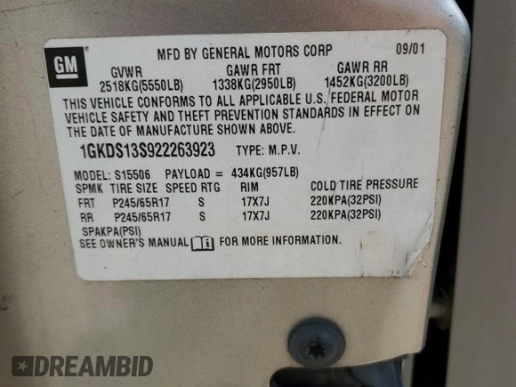 2002 GMC Envoy SLT z VIN 1GKDS13S922263923, wystawiony jako Copart lot #59234395 z przebiegiem Nie podano mil oraz Szkoda całkowita • Salvage title. Historia ofert i sprzedaży dostępna na DreamBid. Obrazek 12.