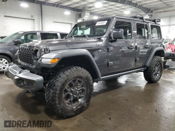 2024 Jeep Wrangler Willys with VIN 1C4PJXDG5RW312580, listed as a Copart auction lot 49144005 with 5,713 mi miles and Salvage Title. Bid and sale history available at carsss.com. Image 1.