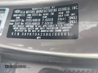 2011 Kia Sorento LX with VIN 5XYKTDA2XBG166661, listed as a IAAI auction lot 41795397 with 84,562 mi miles. Bid and sale history available at carsss.com. Image 9.