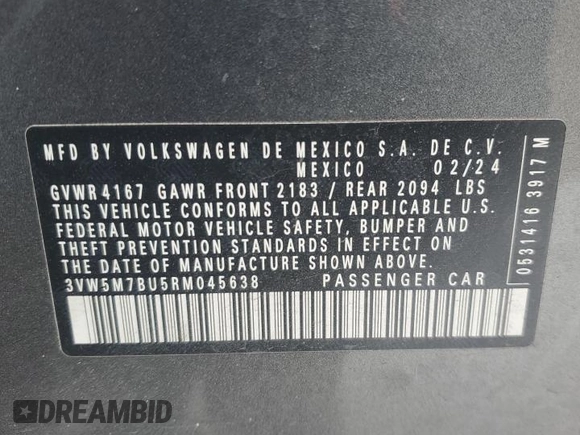 2024 Volkswagen Jetta S z VIN 3VW5M7BU5RM045638, wystawiony jako Copart lot #57215215 z przebiegiem Nie podano mil oraz Nie do naprawy • Non repairable. Historia ofert i sprzedaży dostępna na DreamBid. Obrazek 13.