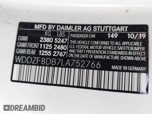 2020 Mercedes-Benz E 350 with VIN WDDZF8DB7LA752766, listed as a IAAI auction lot 41752422 with 48,225 mi miles and . Bid and sale history available at DreamBid. Image 9.