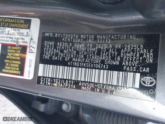 2014 Toyota Camry Hybrid LE with VIN 4T1BD1FK5EU106743, listed as a IAAI auction lot 41323019 with 84,511 mi miles. Bid and sale history available at carsss.com. Image 9.