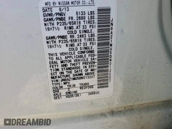 2013 Nissan Murano SV z VIN JN8AZ1MU5DW213207, wystawiony jako Copart lot #86898594 z przebiegiem 145 016 mil mil oraz Szkoda całkowita • Salvage title. Historia ofert i sprzedaży dostępna na DreamBid. Obrazek 15.