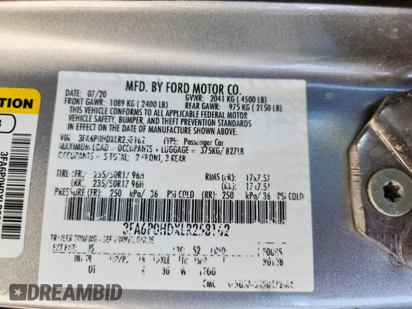 2020 Ford Fusion SE with VIN 3FA6P0HDXLR258162, listed as a Copart auction lot 65810785 with 101,340 mi miles and Clean title. Bid and sale history available at DreamBid. Image 12.