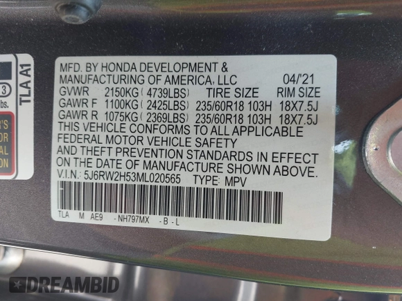 2021 Honda CR-V EX with VIN 5J6RW2H53ML020565, listed as a IAAI auction lot 42396639 with 9,466 mi miles and . Bid and sale history available at DreamBid. Image 9.