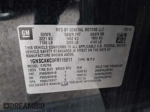 2015 Chevrolet Tahoe LS с VIN 1GNSCAKC9FR115611, выставлен на аукционе IAAI как лот 41624152 с пробегом 201 652 миль миль и . История ставок и продаж доступна на DreamBid. Изображение 9.