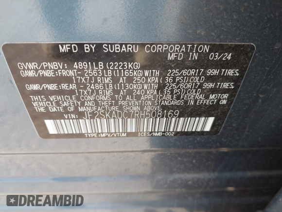 2024 Subaru Forester Premium with VIN JF2SKADC7RH508169, listed as a IAAI auction lot 41065280 with 17,346 mi miles. Bid and sale history available at carsss.com. Image 9.