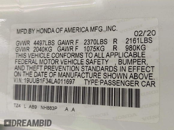 2020 Acura TLX with VIN 19UUB1F34LA011697, listed as a IAAI auction lot 42510365 with 107,645 mi miles and . Bid and sale history available at DreamBid. Image 9.