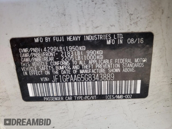 2016 Subaru Impreza 2.0i with VIN JF1GPAA65G8343889, listed as a Copart auction lot 52762645 with 100,596 mi miles and Salvage title. Bid and sale history available at DreamBid. Image 12.