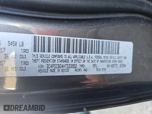 2017 Dodge Journey SXT with VIN 3C4PDCBG4HT533952, listed as a Copart auction lot 82472614 with 155,060 mi miles and Clean Title. Bid and sale history available at DreamBid. Image 10.