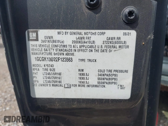 2002 Chevrolet Silverado 1500HD LT with VIN 1GCGK13U22F125563, listed as a IAAI auction lot 42172310 with 155,416 mi miles and . Bid and sale history available at DreamBid. Image 9.