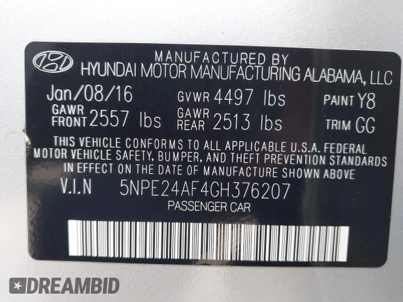 2016 Hyundai Sonata SE with VIN 5NPE24AF4GH376207, listed as a IAAI auction lot 42140797 with 133,138 mi miles and . Bid and sale history available at DreamBid. Image 9.