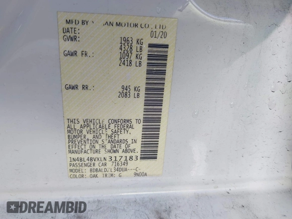 2020 Nissan Altima S with VIN 1N4BL4BVXLN317183, listed as a IAAI auction lot 41127455 with 125,335 mi miles and . Bid and sale history available at DreamBid. Image 9.