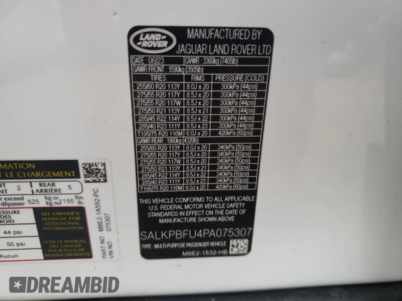 2023 Land Rover Range Rover SE with VIN SALKPBFU4PA075307, listed as a Copart auction lot 59936715 with 11,372 mi miles and Salvage title. Bid and sale history available at DreamBid. Image 12.