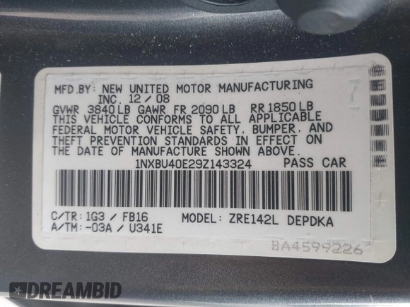 2009 Toyota Corolla with VIN 1NXBU40E29Z143324, listed as a IAAI auction lot 42101208 with 237,763 mi miles. Bid and sale history available at carsss.com. Image 9.