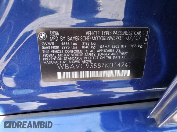 2007 BMW 3 Series 328xi with VIN WBAVC93587K034241, listed as a Copart auction lot 55889595 with 131,836 mi miles and Salvage title. Bid and sale history available at DreamBid. Image 12.