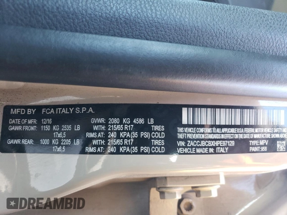 2017 Jeep Renegade Trailhawk with VIN ZACCJBCBXHPE97129, listed as a Copart auction lot 57259825 with 71,380 mi miles and Non repairable. Bid and sale history available at DreamBid. Image 13.