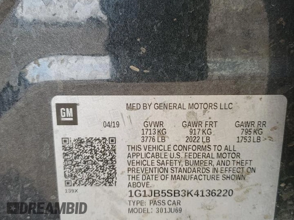 2019 Chevrolet Sonic LS z VIN 1G1JB5SB3K4136220, wystawiony jako Copart lot #50781265 z przebiegiem 45 308 mil mil oraz Nie do naprawy • Non repairable. Historia ofert i sprzedaży dostępna na DreamBid. Obrazek 12.