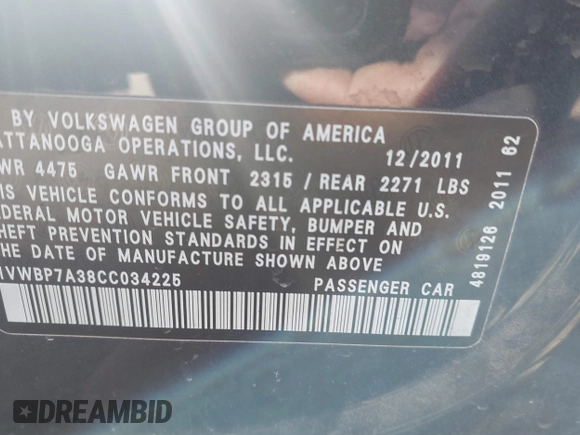 2012 Volkswagen Passat SE with VIN 1VWBP7A38CC034225, listed as a IAAI auction lot 41617236 with 188,995 mi miles and . Bid and sale history available at DreamBid. Image 9.