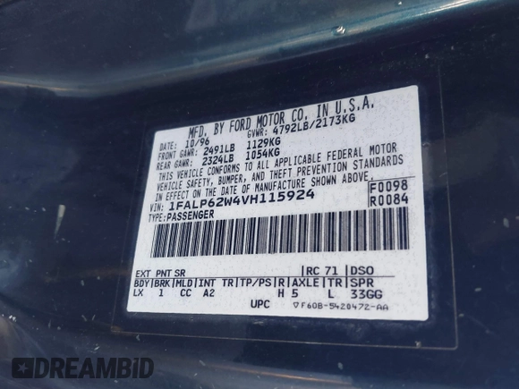 1997 Ford Thunderbird LX z VIN 1FALP62W4VH115924, wystawiony jako IAAI lot #41251348 z przebiegiem Nie podano mil oraz . Historia ofert i sprzedaży dostępna na DreamBid. Obrazek 9.