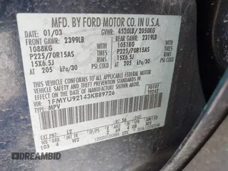 2003 Ford Escape XLS Popular с VIN 1FMYU92143KB89726, выставлен на аукционе IAAI как лот 42002613 с пробегом 95 586 миль миль и . История ставок и продаж доступна на DreamBid. Изображение 9.