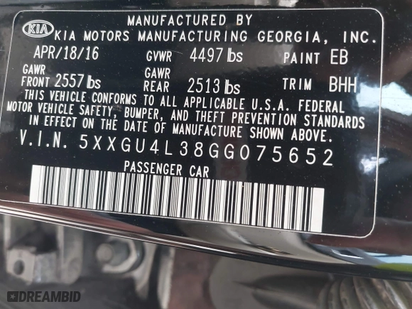 2016 Kia Optima EX with VIN 5XXGU4L38GG075652, listed as a IAAI auction lot 39544592 with 151,960 mi miles. Bid and sale history available at carsss.com. Image 9.