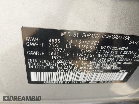 2018 Subaru Outback Limited with VIN 4S4BSANC0J3356990, listed as a IAAI auction lot 42600580 with 71,222 mi miles and . Bid and sale history available at DreamBid. Image 9.