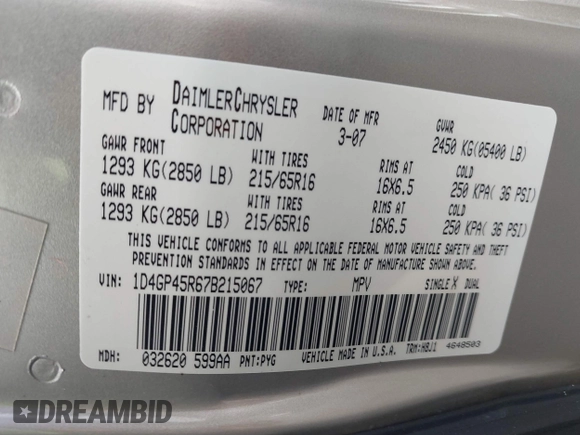 2007 Dodge Caravan SXT with VIN 1D4GP45R67B215067, listed as a IAAI auction lot 41780287 with 121,149 mi miles and . Bid and sale history available at carsss.com. Image 9.