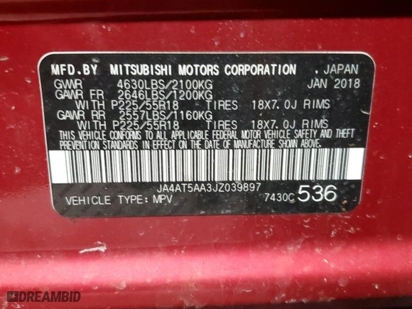 2018 Mitsubishi Eclipse Cross SE with VIN JA4AT5AA3JZ039897, listed as a Copart auction lot 45997865 with 130237 miles and Salvage Title. Bid and sale history available at carsss.com. Image 14.