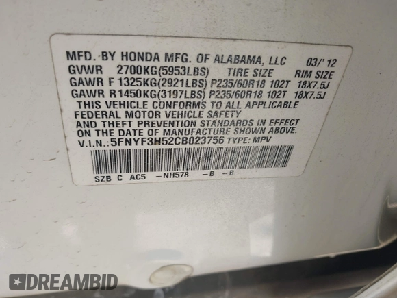 2012 Honda Pilot EX-L with VIN 5FNYF3H52CB023756, listed as a IAAI auction lot 41819122 with 177,946 mi miles. Bid and sale history available at carsss.com. Image 9.