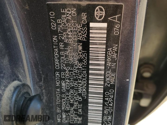 2010 Toyota Prius Four with VIN JTDKN3DU2A1166251, listed as a Copart auction lot 55062245 with 258,169 mi miles and Clean Title. Bid and sale history available at DreamBid. Image 12.