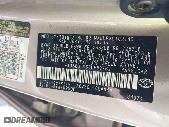 2006 Toyota Camry STD with VIN 4T1BE32K66U682762, listed as a IAAI auction lot 42497232 with 142,713 mi miles and . Bid and sale history available at DreamBid. Image 9.